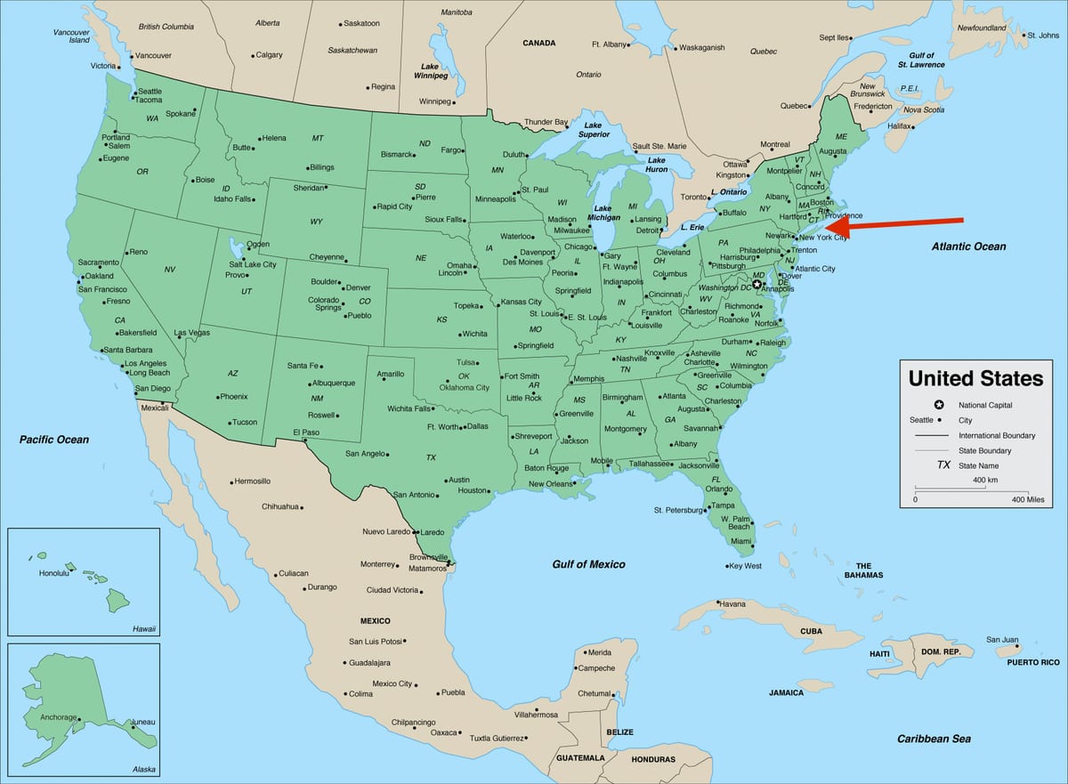 Лонг-Айленд в штате Нью-Йорк - карта США